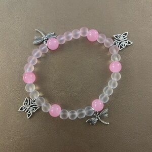 Pink and Silver Beaded Bracelet with Butterfly Charms